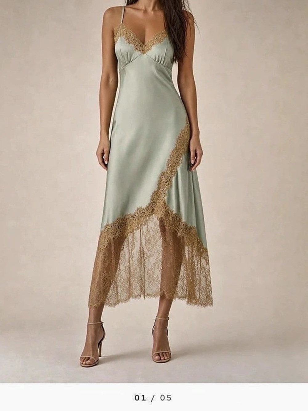 Zara Aurora Dress Floral Lace Trim Midi Dress in Green & Brown Like New
